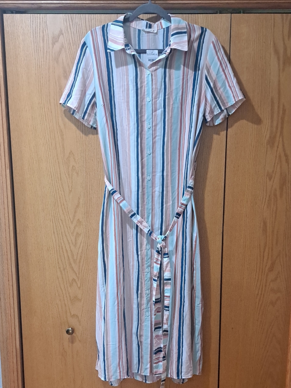 bohme Striped Button-Front Midi Dress in Peach, Teal & Green